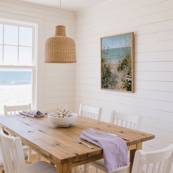 Beach Path Print wall art incorporating Blue, Brown, Beige, and Purple for office