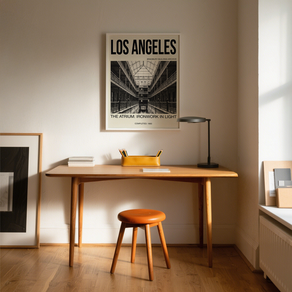 Typographic Los Angeles poster with large LOS ANGELES header and atrium photograph below
