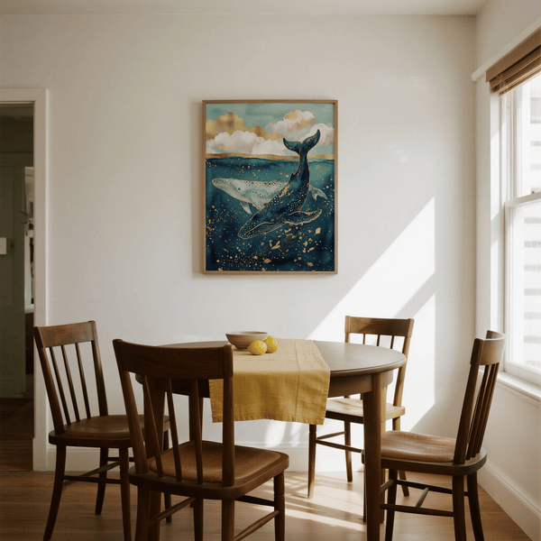 Whale Wall Art with Blue and Gold accents for an office, art print