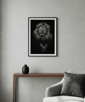Portrait-format animal poster with lion muzzle and fur texture in monochrome