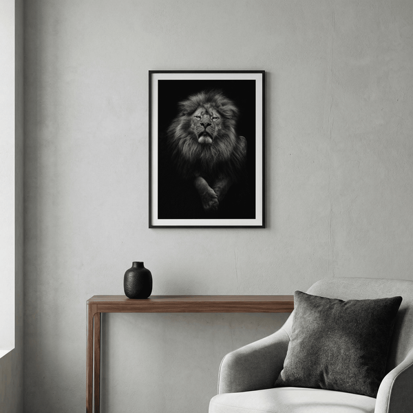 Portrait-format animal poster with lion muzzle and fur texture in monochrome