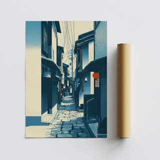 Vertical street architecture poster depicting a quiet lane with utility wires and signage