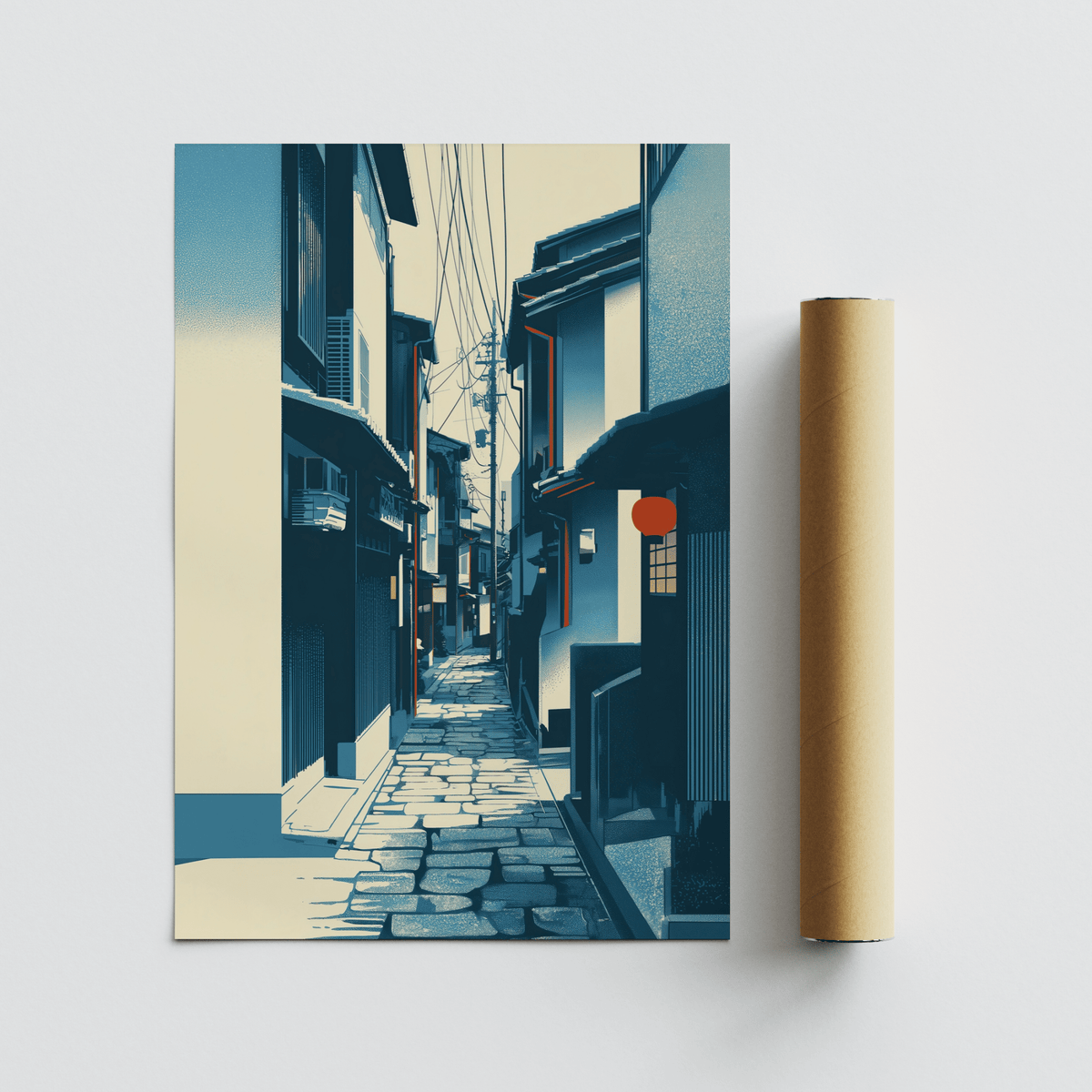 Vertical street architecture poster depicting a quiet lane with utility wires and signage
