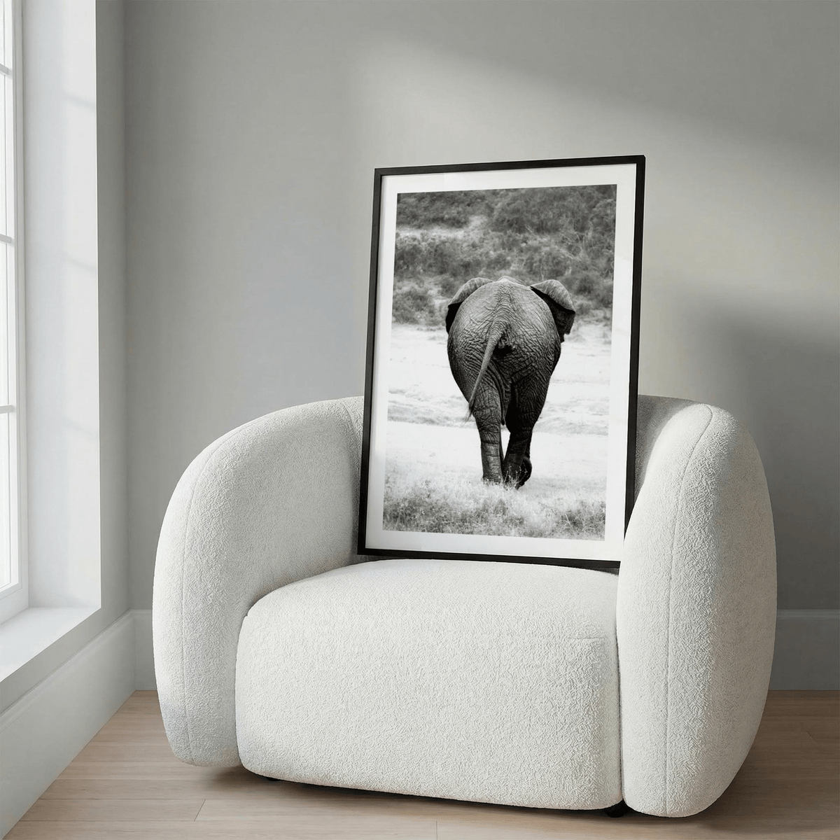 Monochrome elephant wall art print with detailed wrinkled skin texture