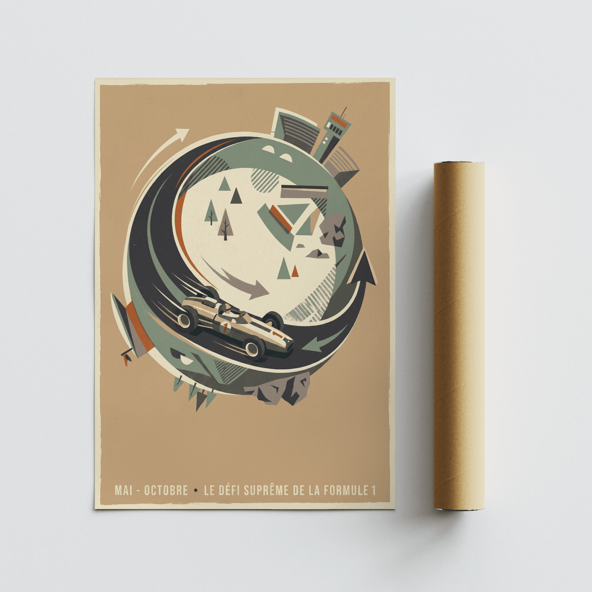 Mid-century inspired racing wall art print with a low-profile car and bold circular composition