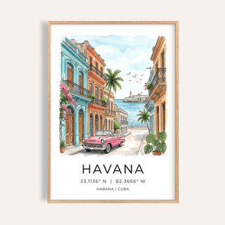 Illustrated Havana Wall Art poster with classic car, palm trees, and coastal street