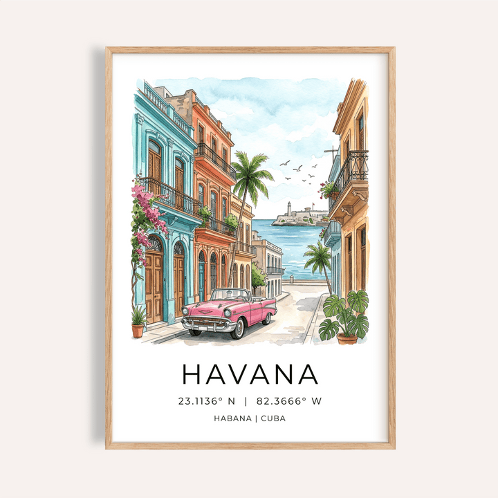 Illustrated Havana Wall Art poster with classic car, palm trees, and coastal street