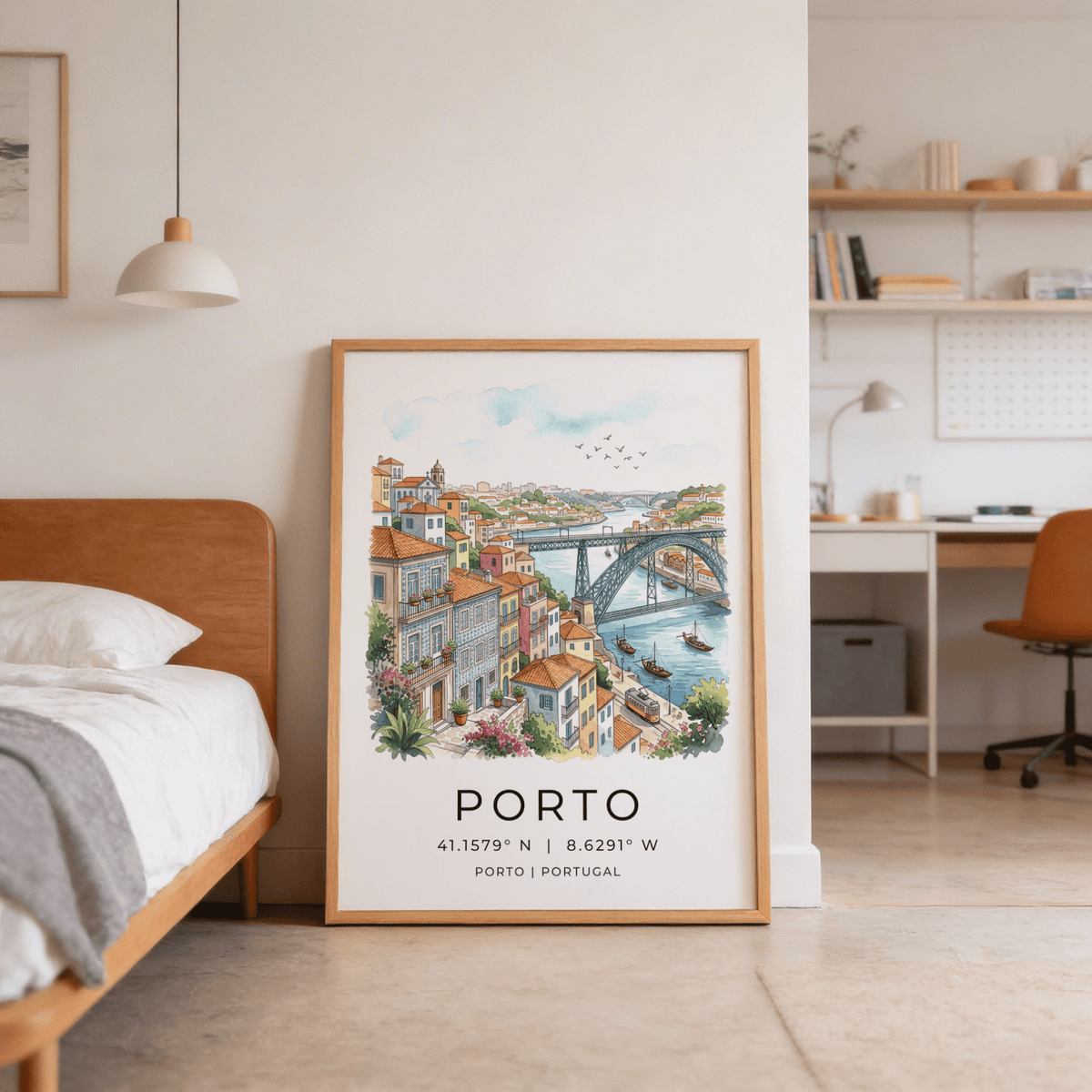 Riverside scene poster print featuring boats on the water and a tram along the quay in Porto