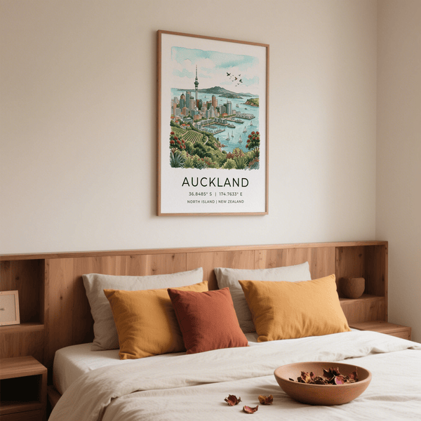 Hand-drawn skyline scene with native plants framing Auckland waterfront