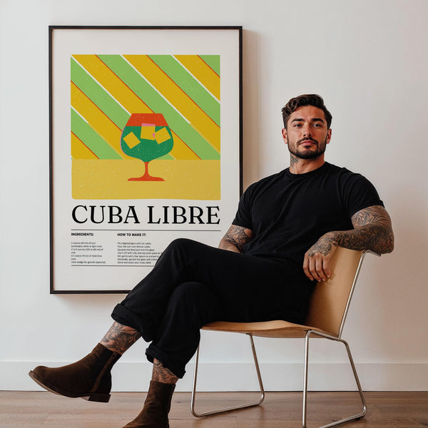 Cuba Libre recipe poster for bar or kitchen with geometric pattern.