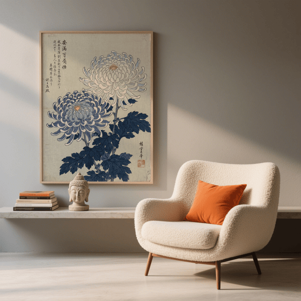 Chrysanthemum Art Print featuring Blue and Beige accents for study decor