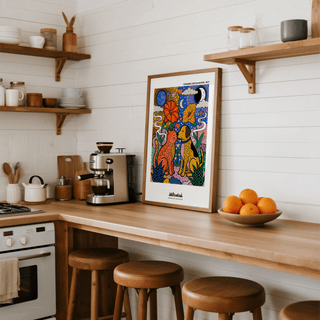 Bottom area of a colorful animal wall art print with leafy shapes and geometric pattern fills