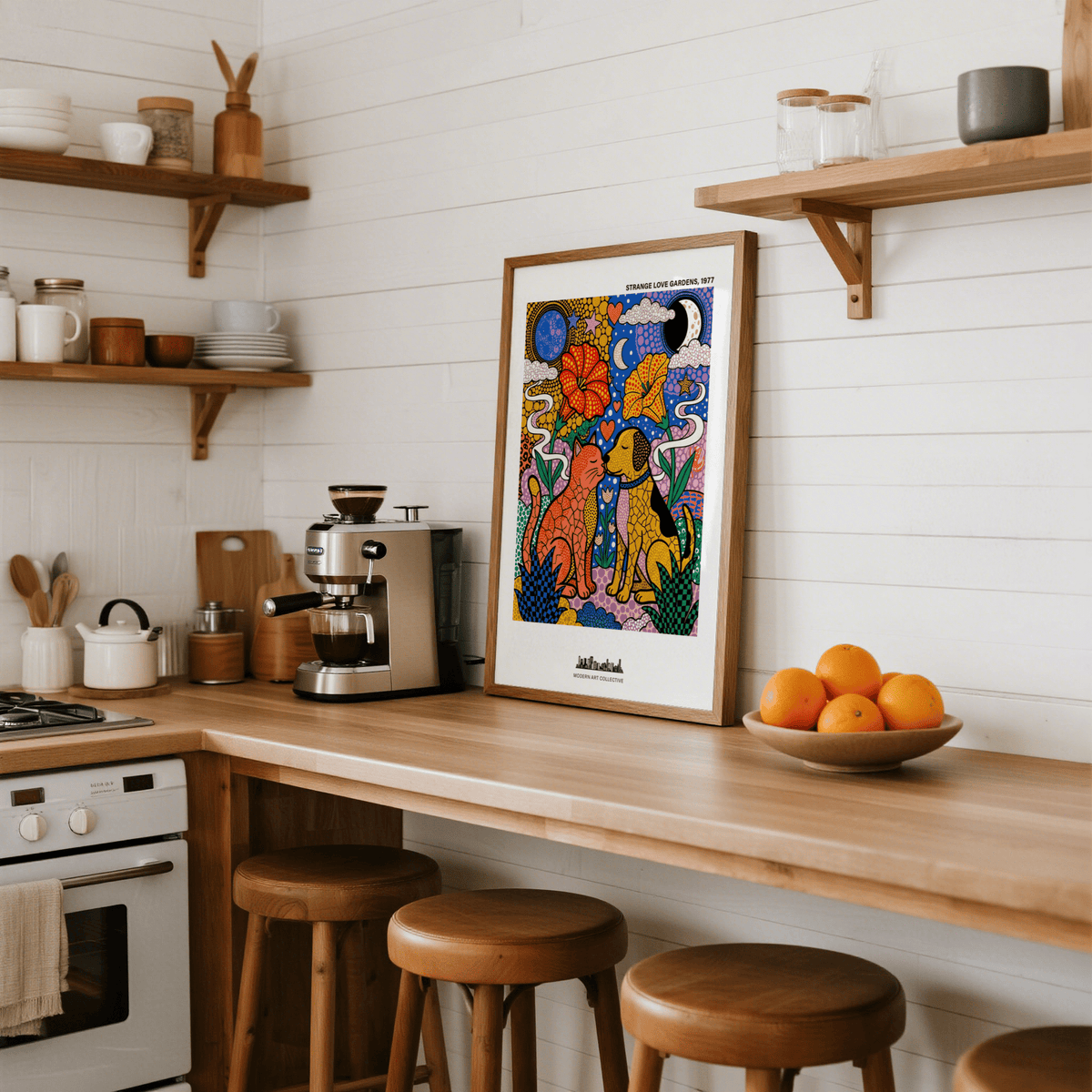Bottom area of a colorful animal wall art print with leafy shapes and geometric pattern fills