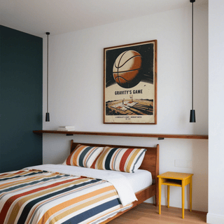 Oversized ball scene at night, Surreal Basketball Art Print with lone player and long shadows