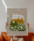 Sleeping Cats Art Print featuring white cat, orange cat, and green cat, perfect for bedroom décor