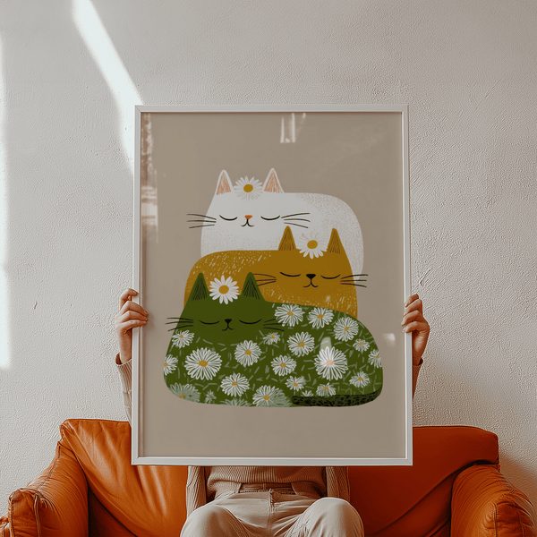 Sleeping Cats Art Print featuring white cat, orange cat, and green cat, perfect for bedroom décor