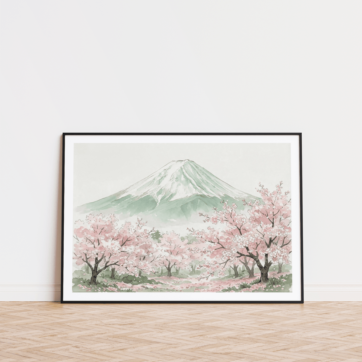 Minimalist Japanese landscape art print featuring gentle green slopes and petals