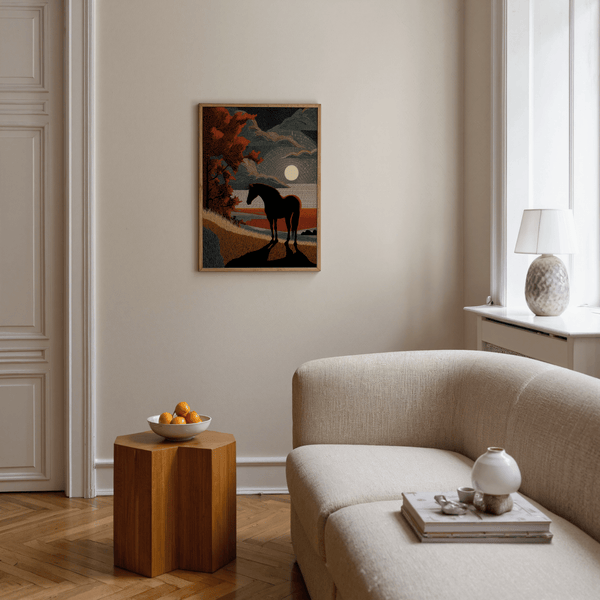 Framed wall view of equestrian silhouette with layered hills