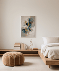 Modern Abstract Blue Gold Wall Art print displaying colors blue, gold, and beige, perfect for bedroom