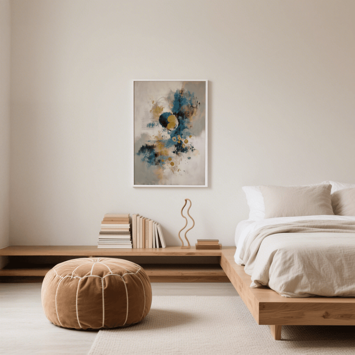 Modern Abstract Blue Gold Wall Art print displaying colors blue, gold, and beige, perfect for bedroom