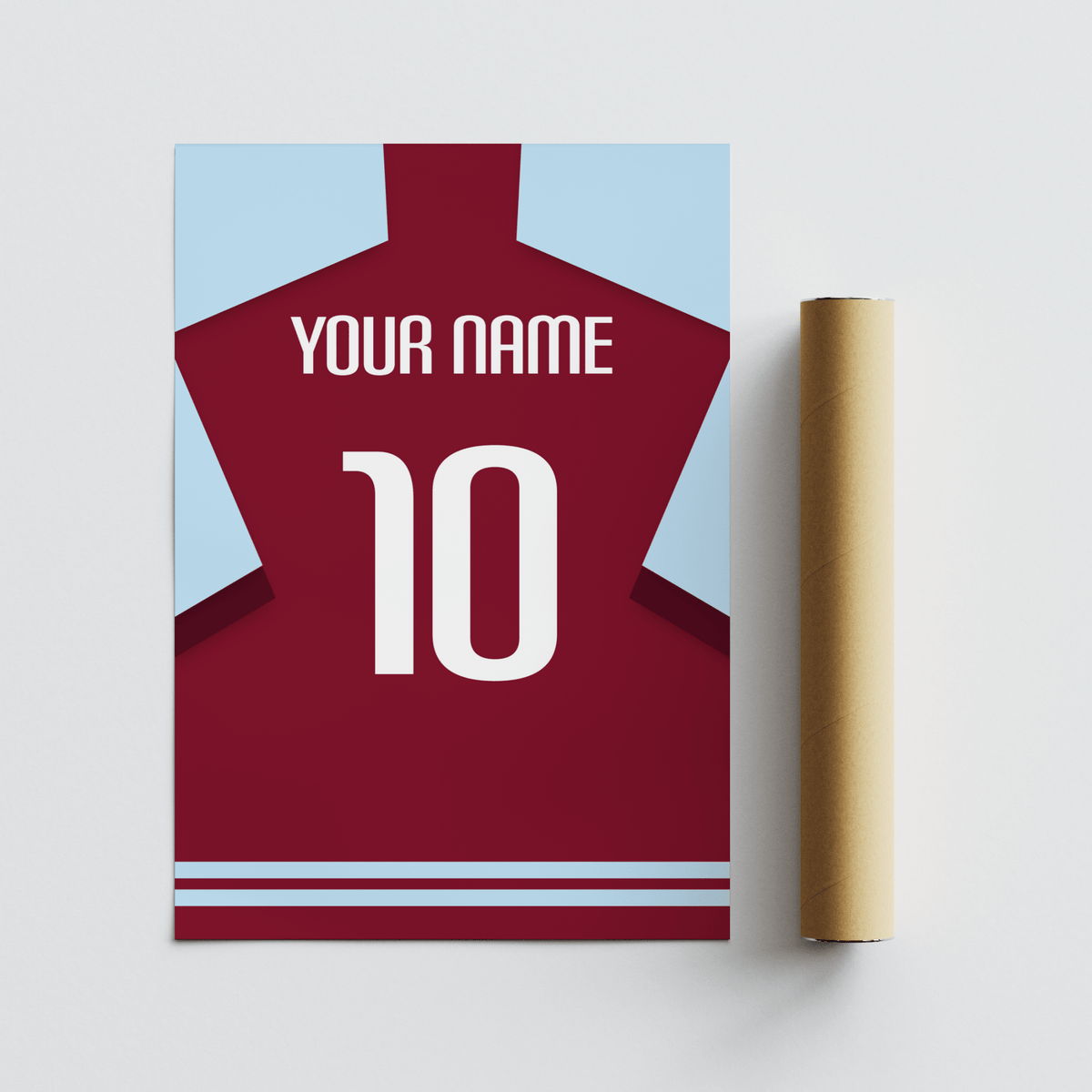 Minimal jersey silhouette poster with bold YOUR NAME lettering on the back