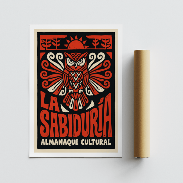 Text-forward Cultural Owls Poster print with Spanish title and graphic owl illustration
