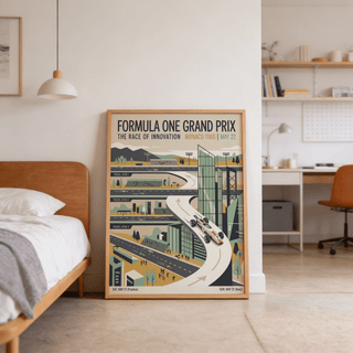Diagonal crop of motorsport poster print featuring tall glass-like structure beside the track