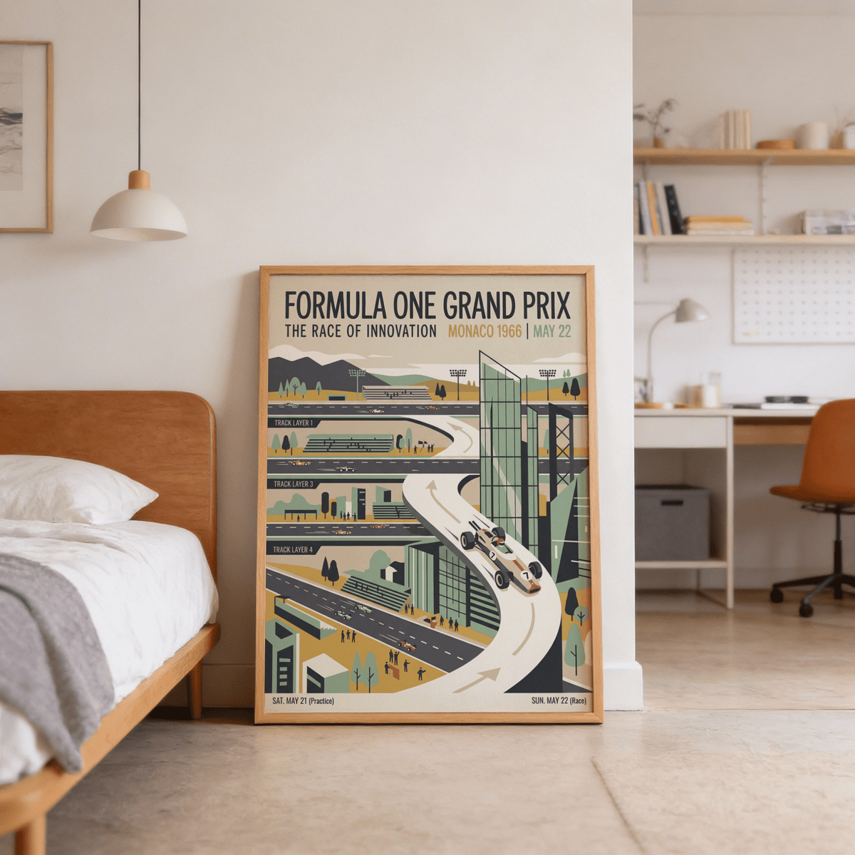 Diagonal crop of motorsport poster print featuring tall glass-like structure beside the track