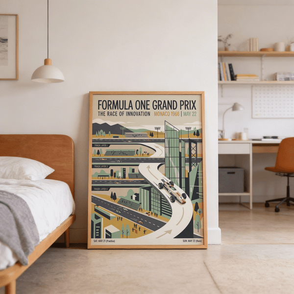 Diagonal crop of motorsport poster print featuring tall glass-like structure beside the track