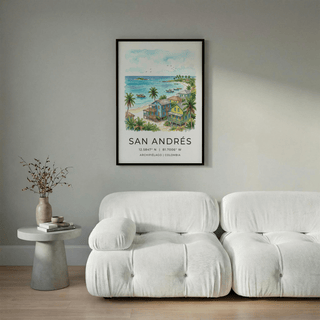 Beachfront houses wall art print with palm trees, sandy shore, and calm bay scene