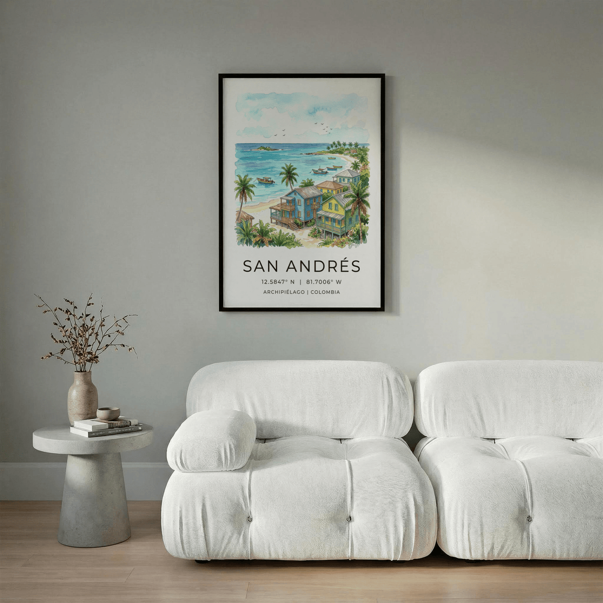 Beachfront houses wall art print with palm trees, sandy shore, and calm bay scene