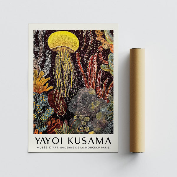 Yellow jellyfish poster in an underwater coral composition.