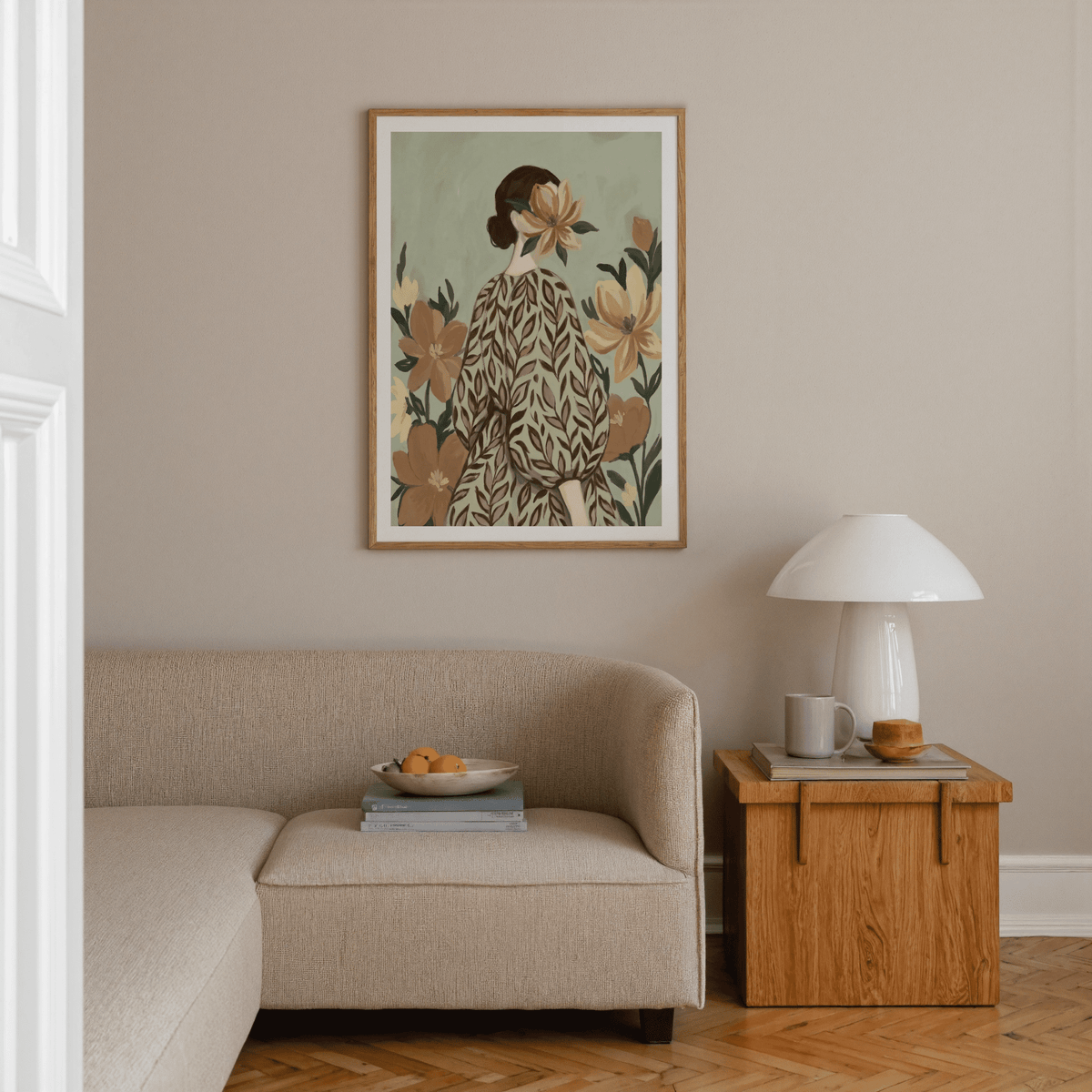 Woman with Flowers art print, botanical decor for modern lounge