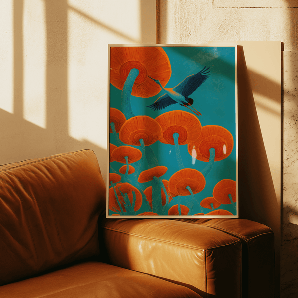 Japandi Bird Print featuring Blue and Red, elegant entryway art print