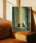 Samurai Bamboo Wall Art scene with blue and beige silhouettes facing off amid bamboo