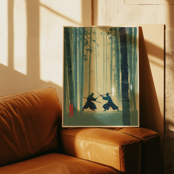 Samurai Bamboo Wall Art scene with blue and beige silhouettes facing off amid bamboo