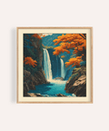 Living room display of Hasui Kawase waterfall Wall Art above mid-century sofa