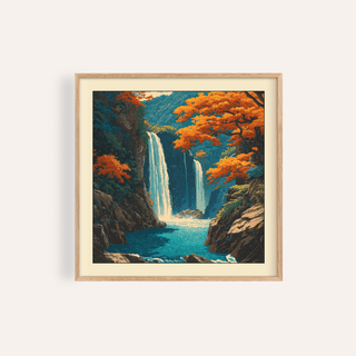 Living room display of Hasui Kawase waterfall Wall Art above mid-century sofa