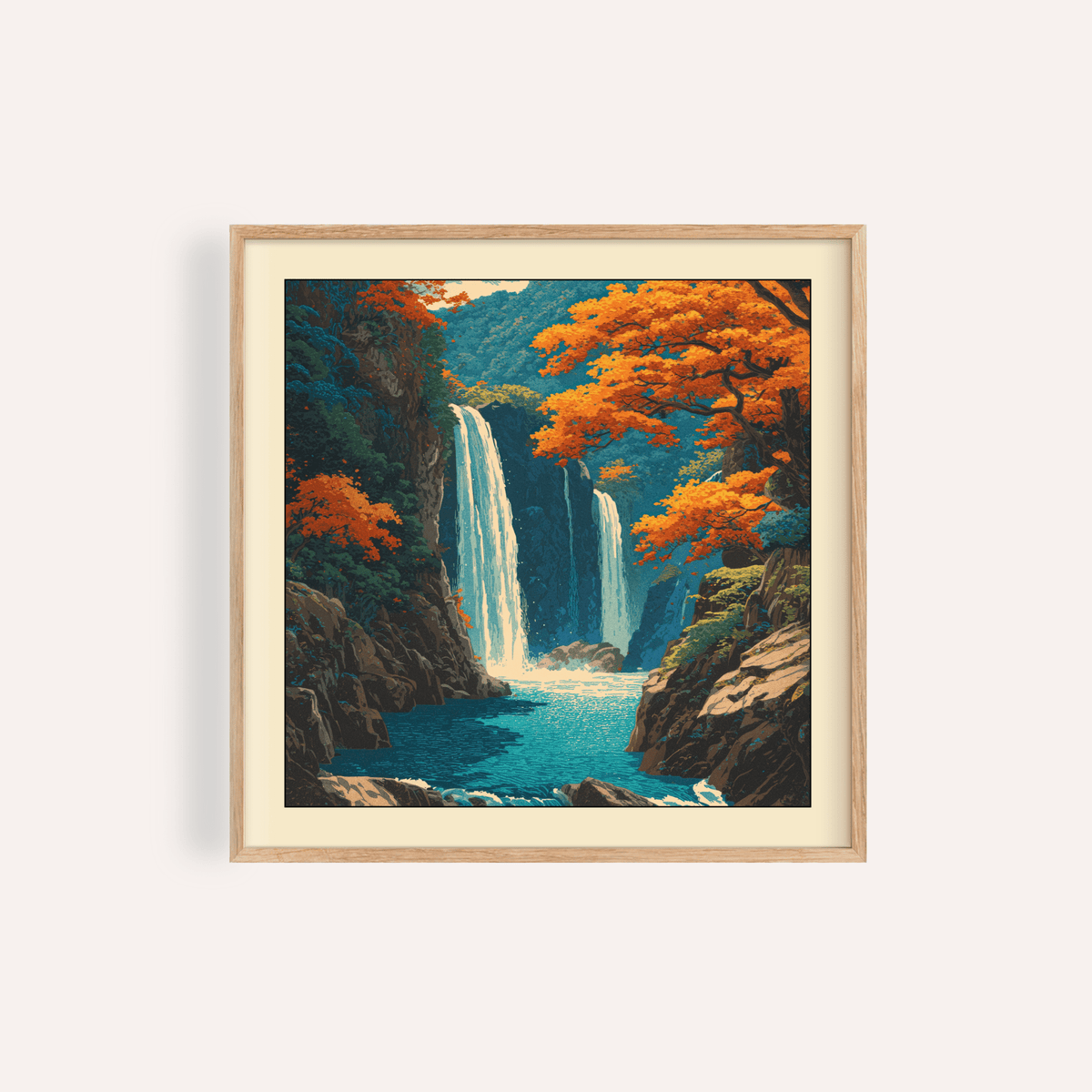 Living room display of Hasui Kawase waterfall Wall Art above mid-century sofa