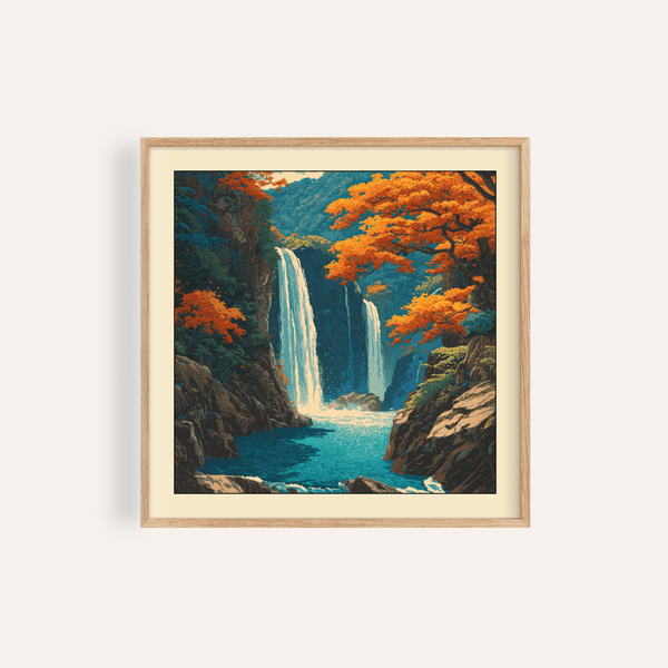 Living room display of Hasui Kawase waterfall Wall Art above mid-century sofa