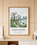Watercolor-style cityscape wall art of Singapore with boats on Marina Bay and modern skyscrapers