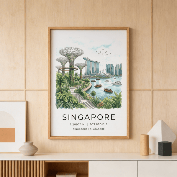 Watercolor-style cityscape wall art of Singapore with boats on Marina Bay and modern skyscrapers
