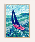 Sailboat Art Print in blue, pink, and green for a living room wall art