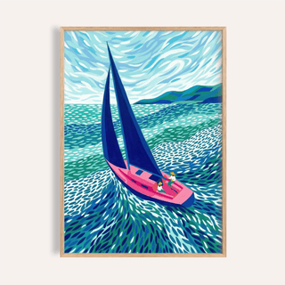 Framed Sailboat Art Print with blue and green sea and pink sailboat with two people