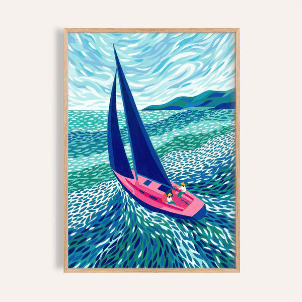 Sailboat Art Print in blue, pink, and green for a living room wall art