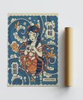 Stylized Japanese mythology wall art print with central figure and curling cloud forms