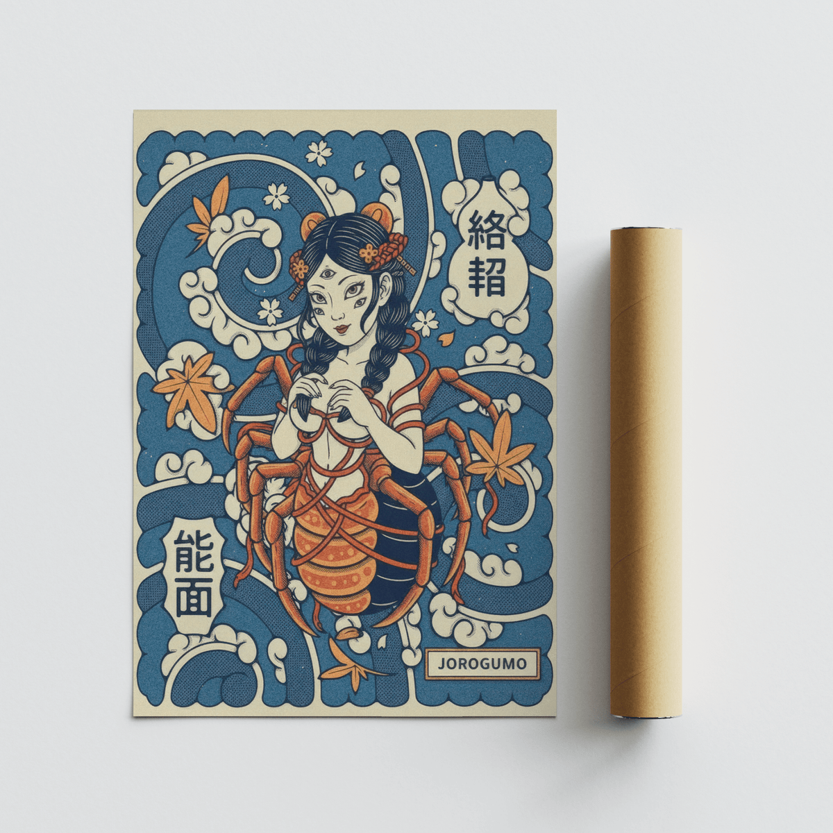 Stylized Japanese mythology wall art print with central figure and curling cloud forms