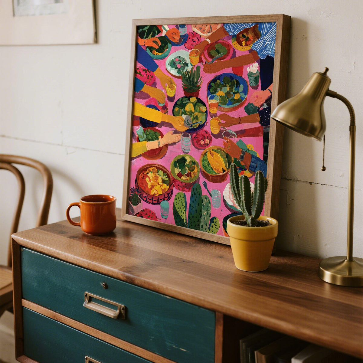 Vibrant Mexican kitchen wall art featuring cactus, fruit, and traditional dishes