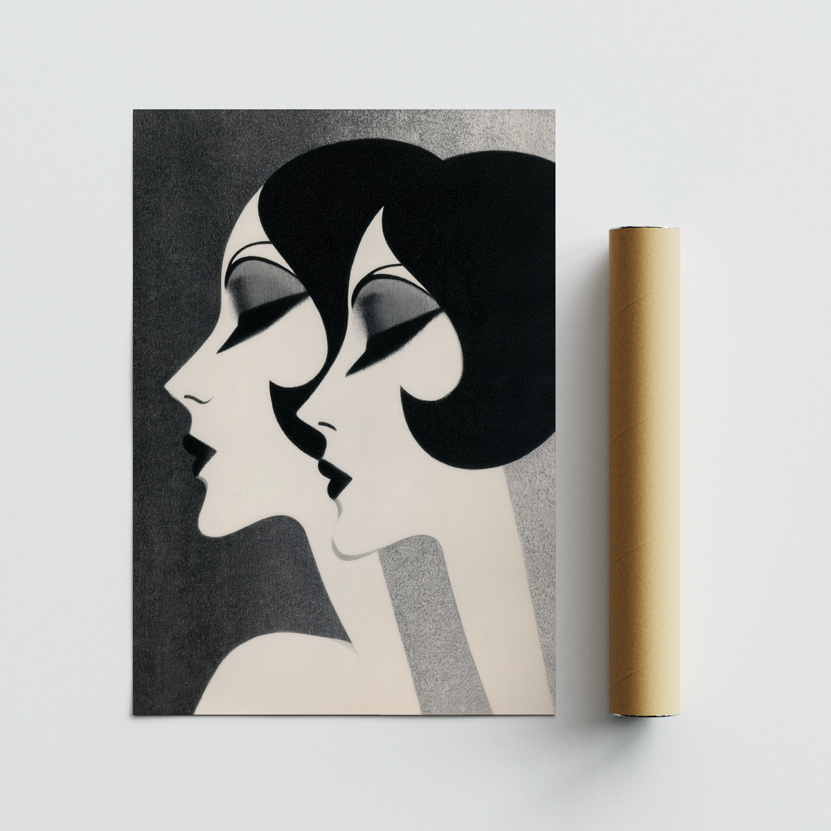 Framing stylized female side profiles, graphic illustration poster with smooth contours and negative space