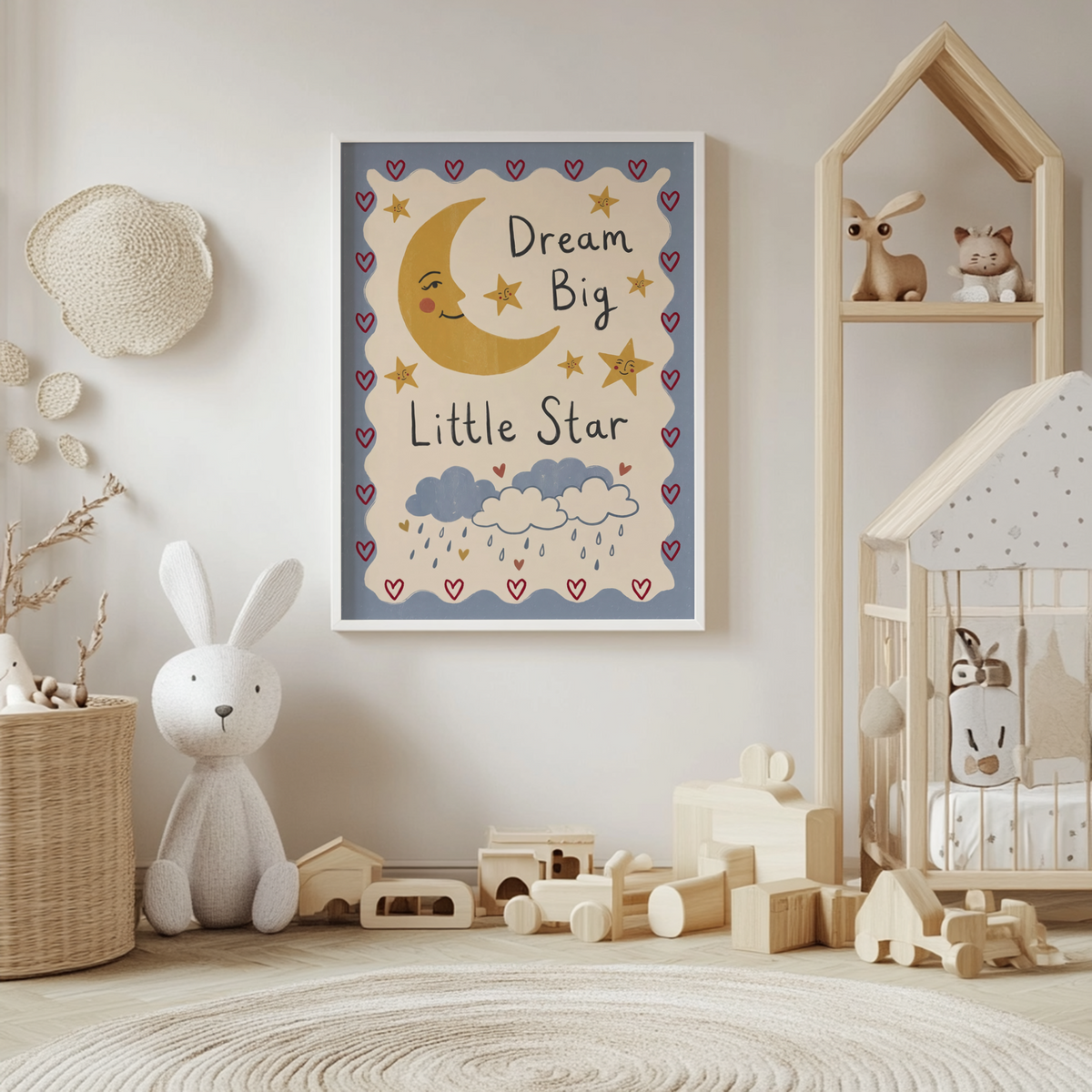 Close-up of Dream Big Poster text 'Dream Big Little Star' amid cloud doodles